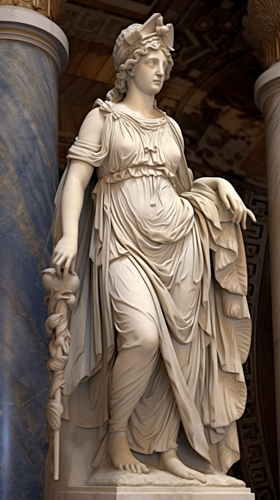 Hestia, diosa del hogar y la domesticidad en la mitología griega. Retratada con calma y una presencia cálida.