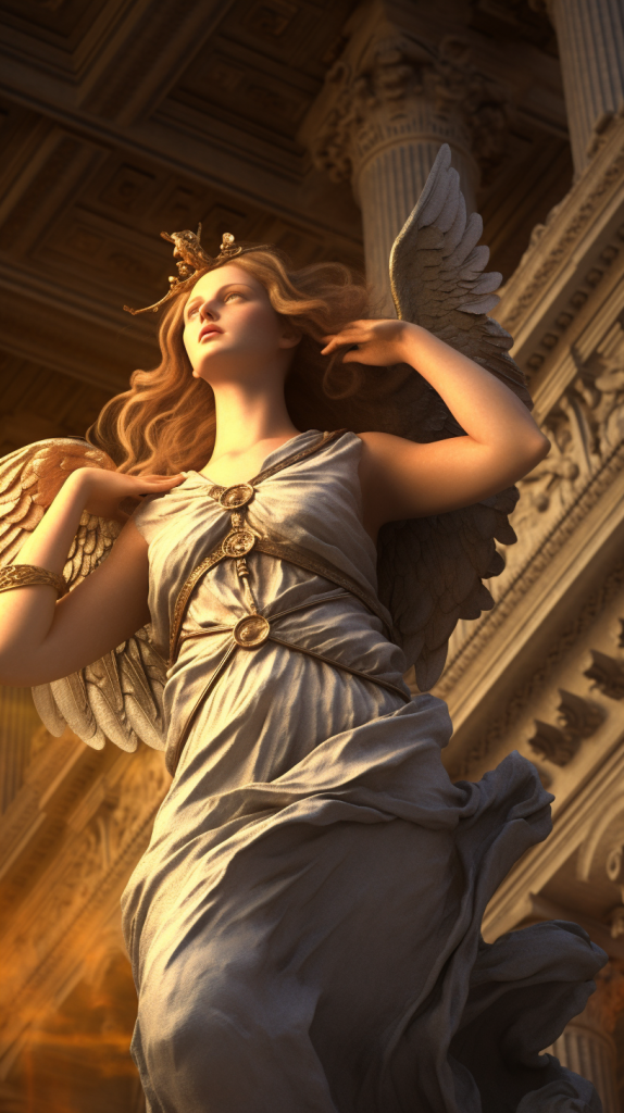 Afrodita, diosa del amor y la belleza en la mitología griega. Con una presencia seductora y símbolos de amor y romance.