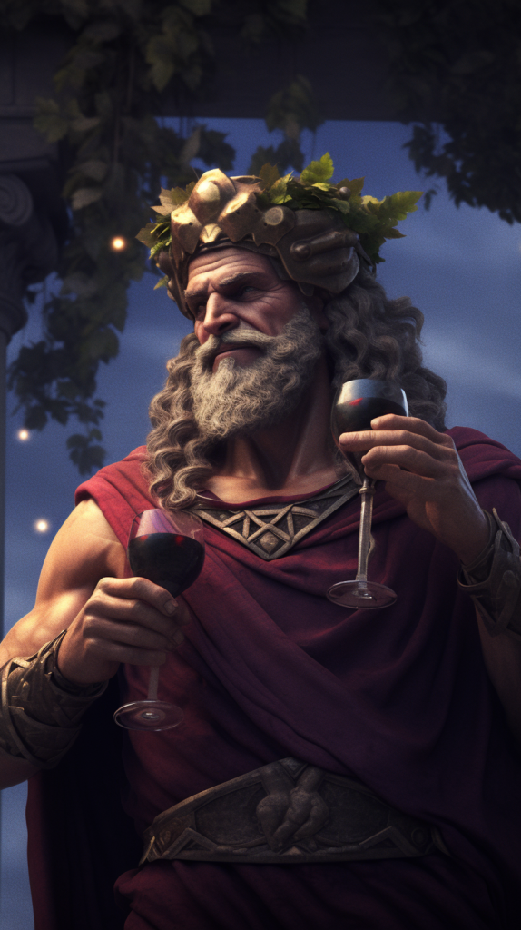Dionisio, dios del vino, la fiesta y el éxtasis en la mitología griega. Con una presencia festiva y símbolos de celebración.