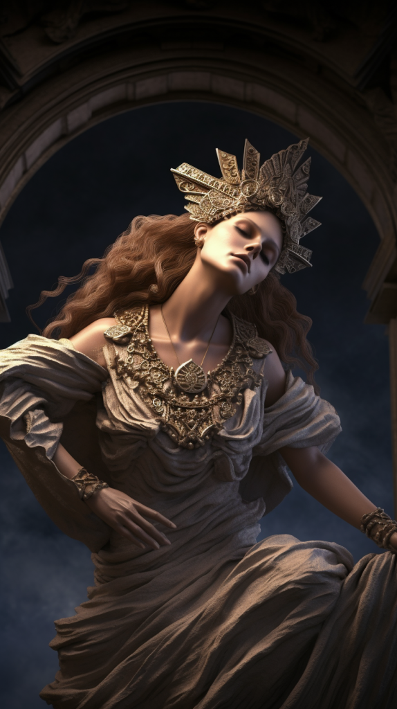 Hera, diosa del matrimonio y la familia en la mitología griega. Retratada con elegancia y autoridad.