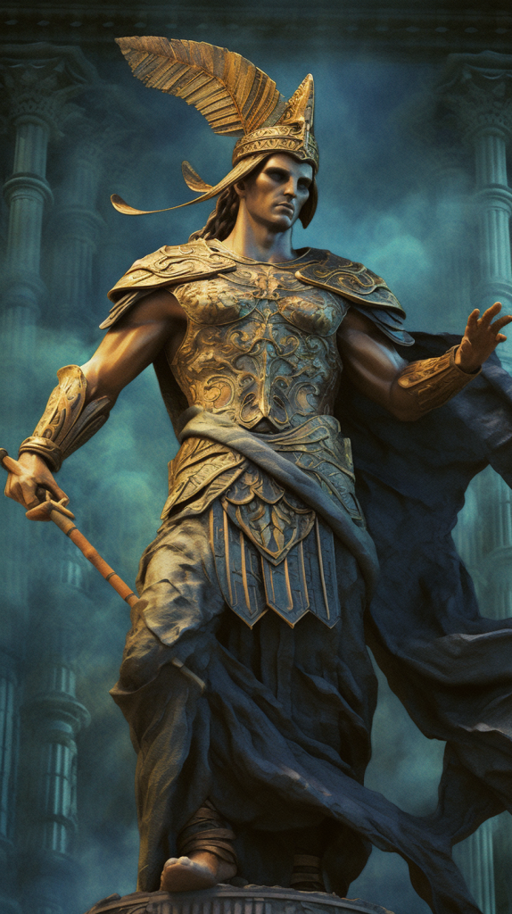 Hermes, dios mensajero y guía de los viajeros en la mitología griega. Representado con agilidad y conexiones con el mundo espiritual.