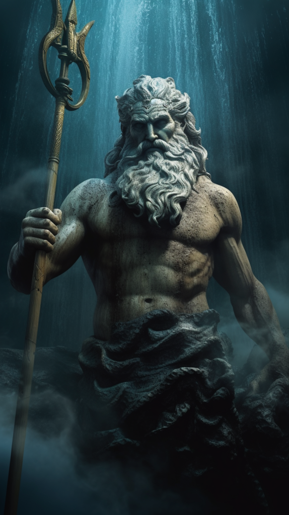 Poseidón, dios del mar y los océanos en la mitología griega. Representado con imponencia y conexión con el mundo acuático.