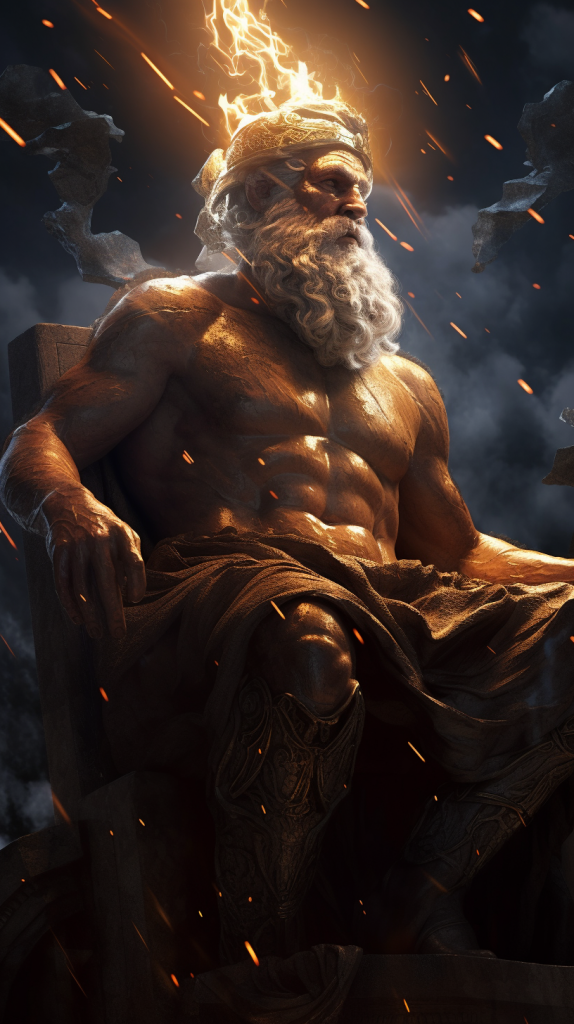 Zeus el dios supremo del Olimpo y rey de los dioses en la mitología griega. Representado con majestuosidad y poder divino.