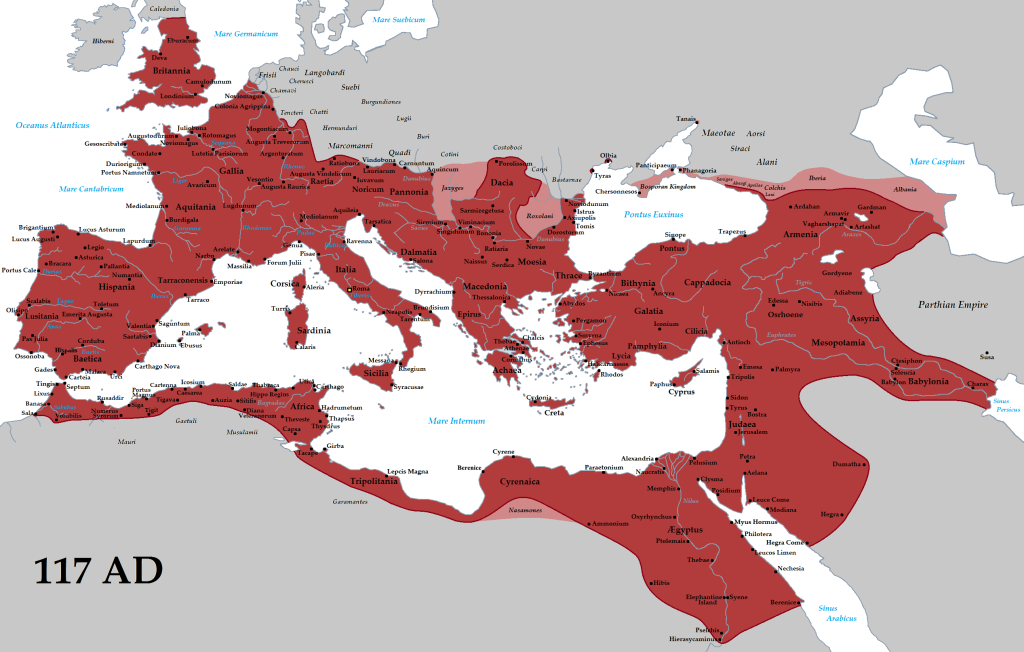 Mapa con la extensión aproximada del Imperio Romano durante el mandato de Trajano.