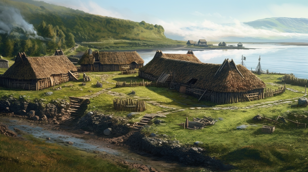 Recreación artística del yacimiento L'Anse aux Meadows en Terranova (Vikingos en América)