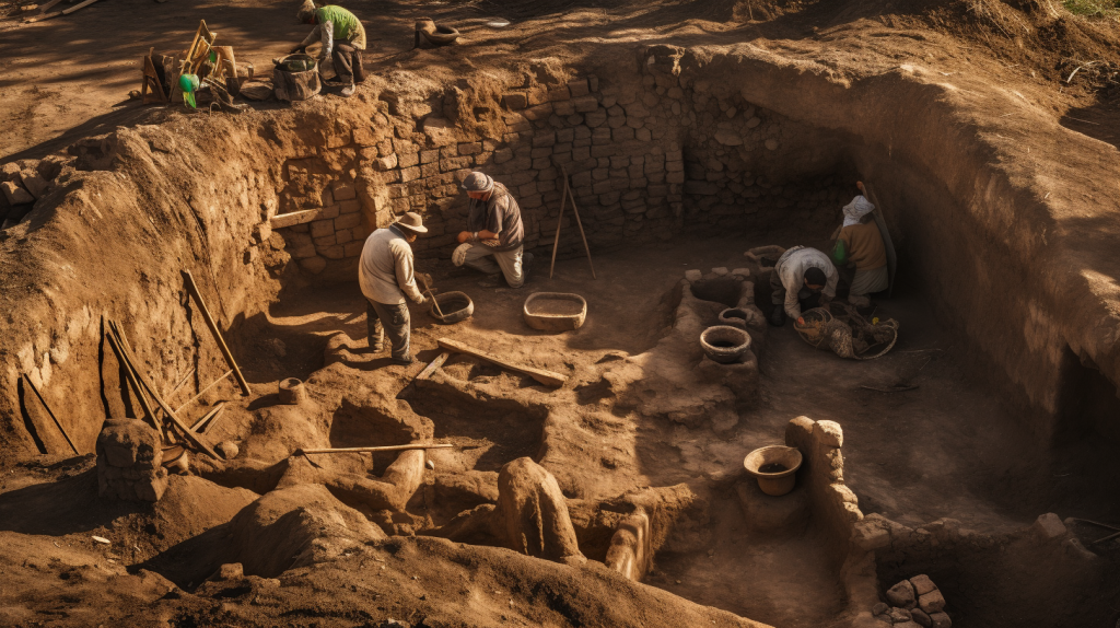 Excavación arqueológica de restos de la Prehistoria (recreación)