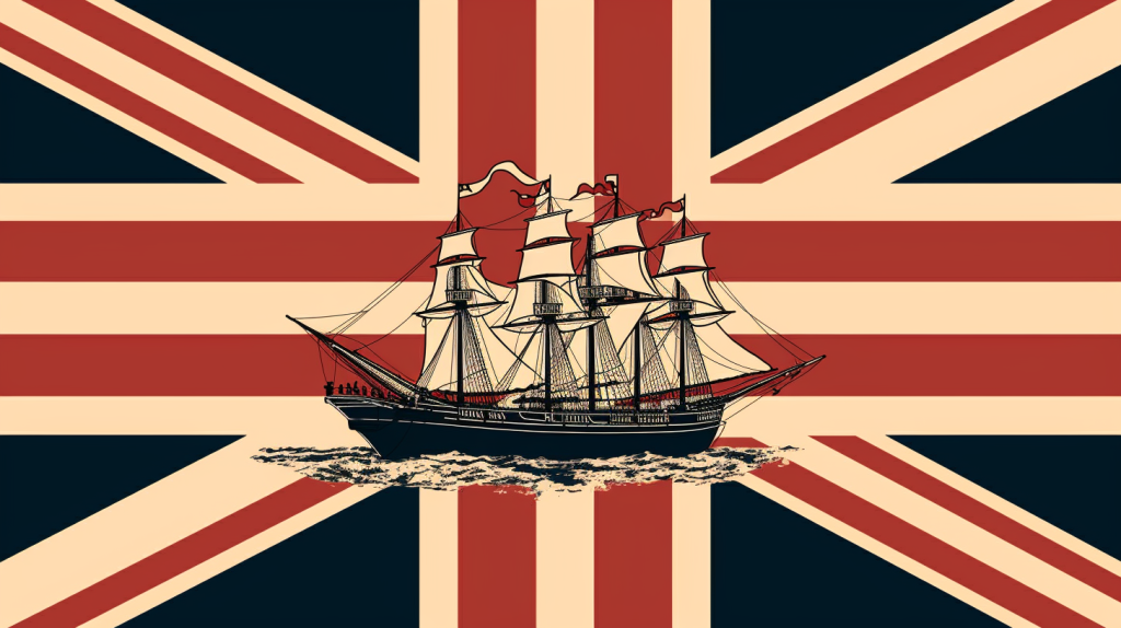 Recreación de una bandera con un buque del Imperio Británico