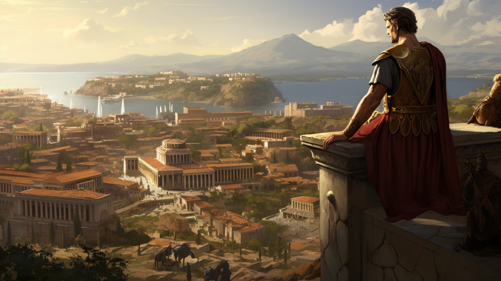 Dirigente del Imperio Romano contemplando una ciudad romana