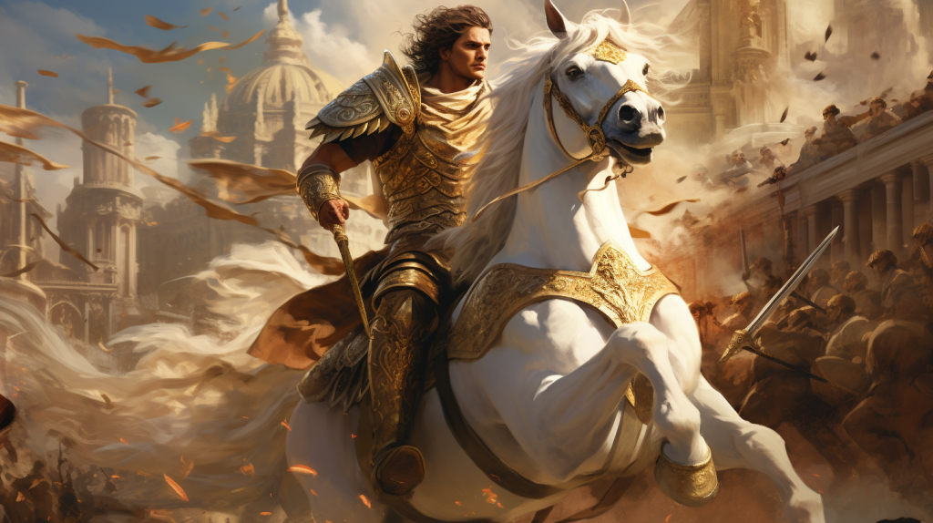 Representación épica de Alejandro Magno en su caballo, uno de los símbolos más importantes de la Antigua Grecia.