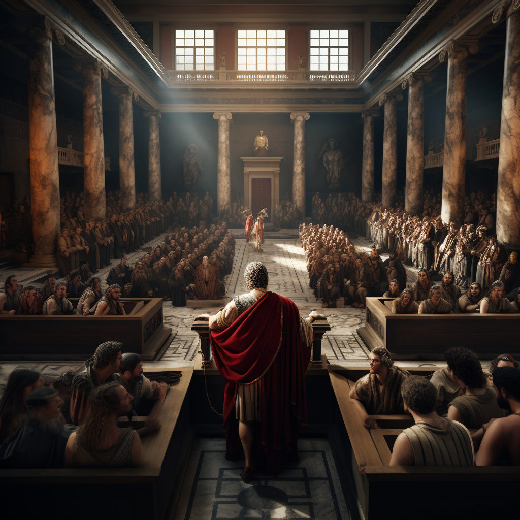 Recreación de una reunión de senadores romanos