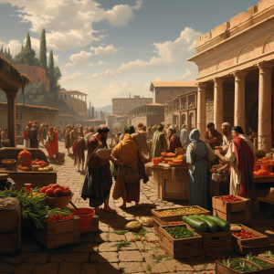 Recreación de una escena cotidiana en un mercado del Imperio Romano