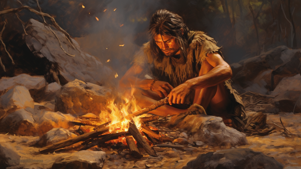 Representación artística de un hombre prehistorico haciendo fuego