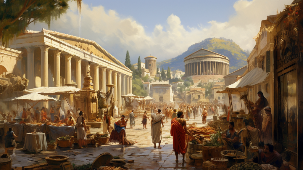 Recreación de un mercado en la Antigua Grecia