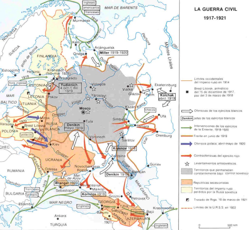 Mapa de la Guerra civil rusa. Se incluyen la intervección militar de las potencias occidentales.