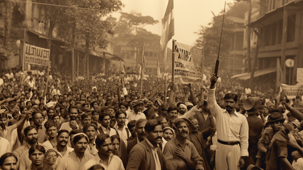 Recreación de una manifestación por la Independencia en India