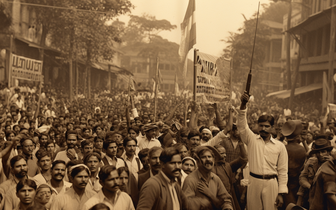 Recreación de una manifestación por la Independencia en India