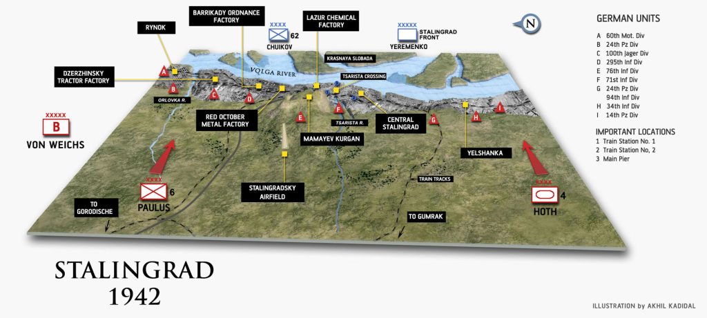 Ilustración en tres dimensiones que muestra un mapa de la Batalla de Stalingrado (Ilustración de Akhil Kadidal)