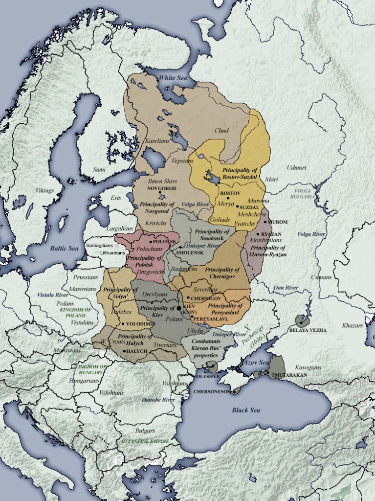 Mapa de los diferentes principados en la época del Rus de Kiev. Una época fundamental para el desarrollo de la Historia de Rusia.