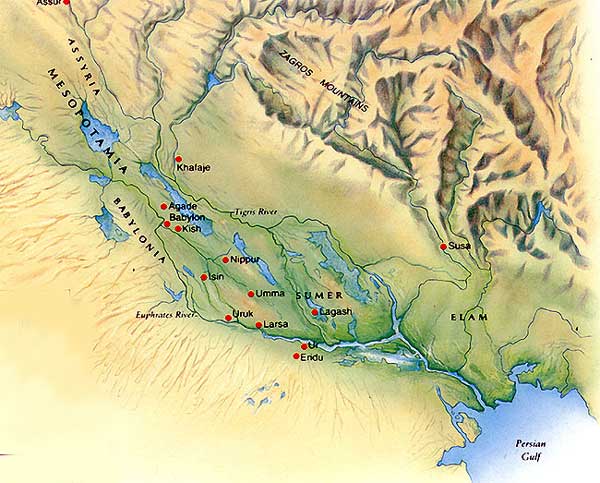 Mapa de la ubicación de los Sumerios