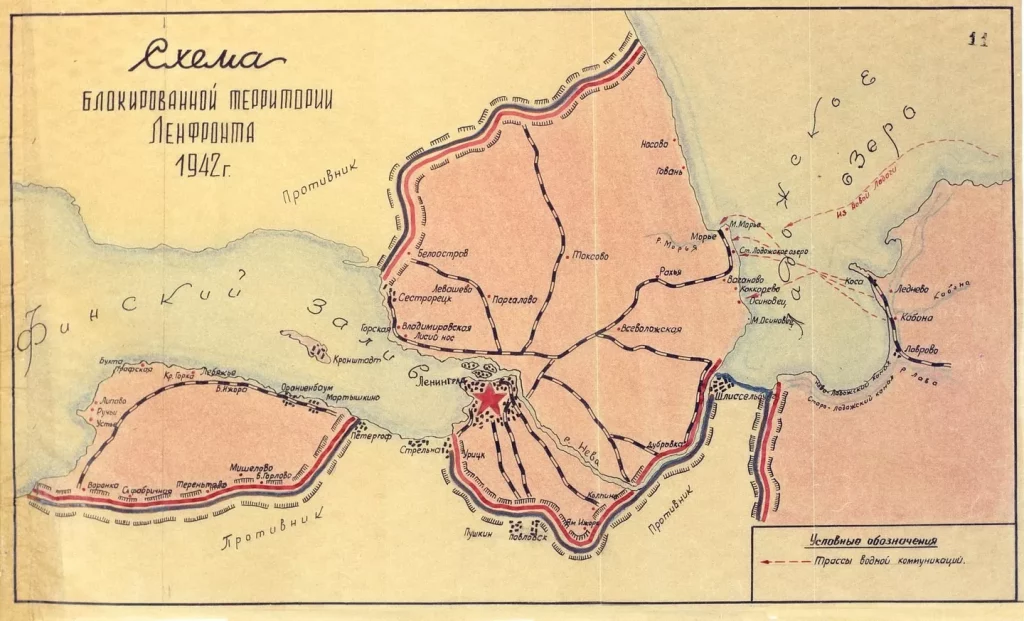 Mapa del asesedio de Leningrado en la SGM en la Historia de Rusia