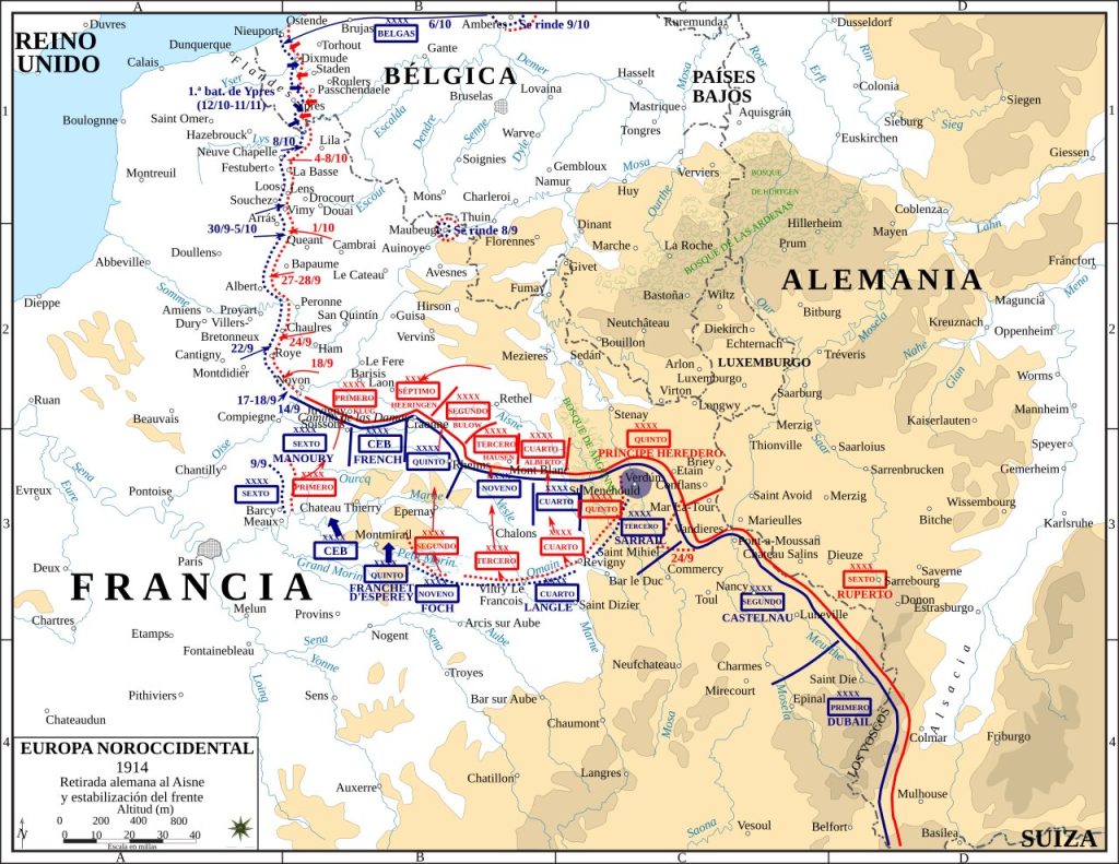 Mapa del Frente Occidental de la Primera Guerra Mundial en 1914