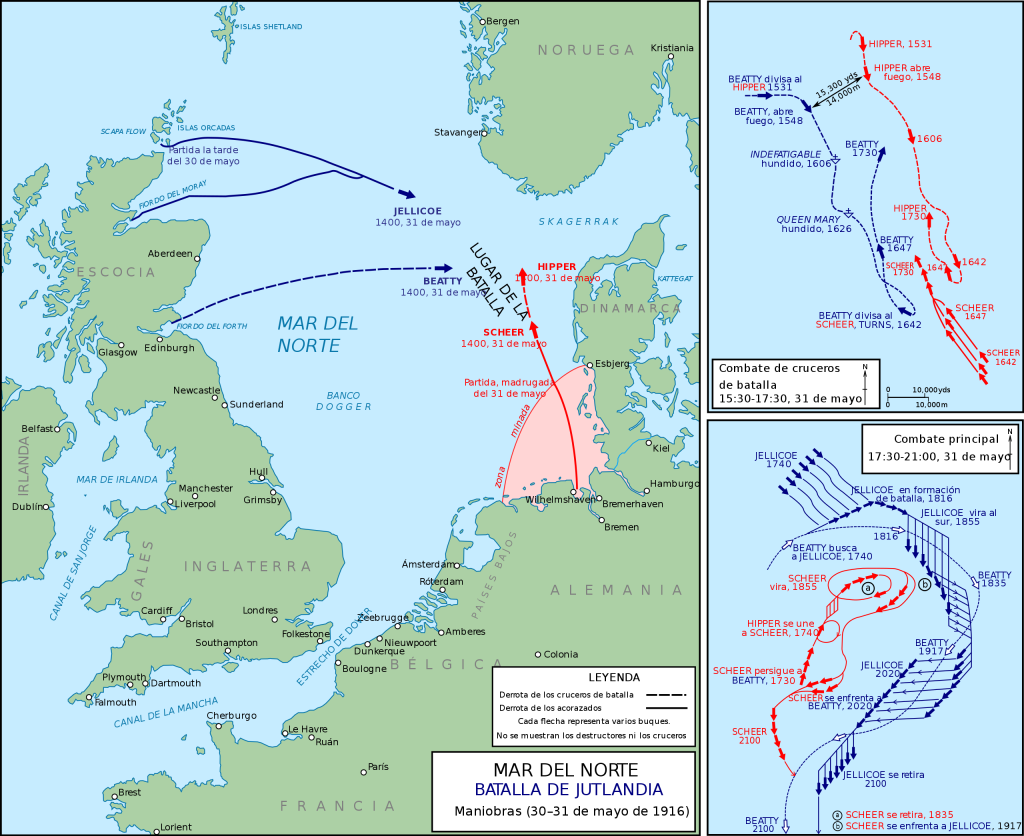 Mapa de la batalla naval de Jutlandia (Primera Guerra Mundial)