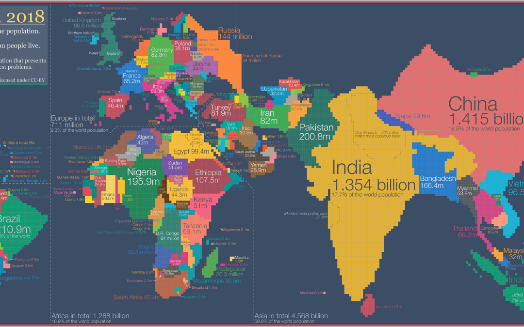 Mapa mundial demográfico que muestra la distribución de la población mundial