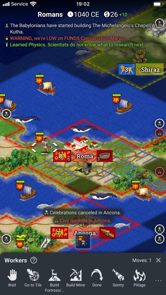 Ejemplo de unidades militares en Freeciv (Versión Freeciv Go para Android)