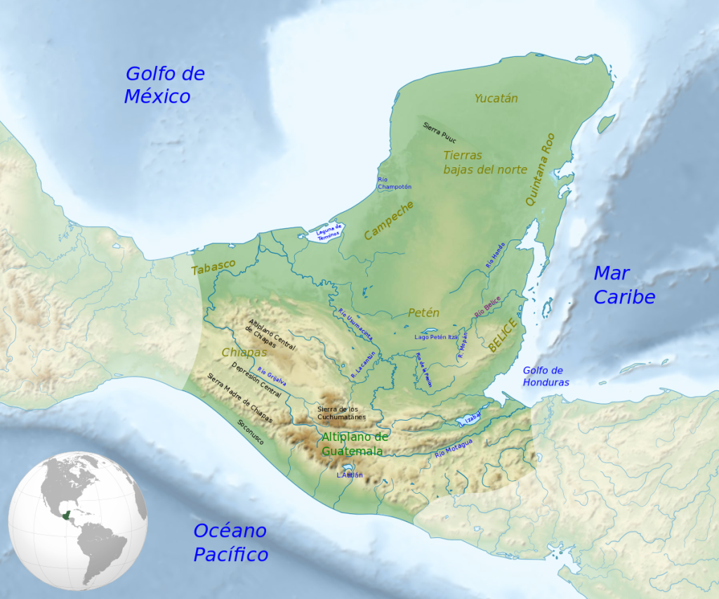 Mapa aproximado de la ubicación de la civilización Maya (Mapa creado por Simon Burchell, traducción de Dodecaedro.)